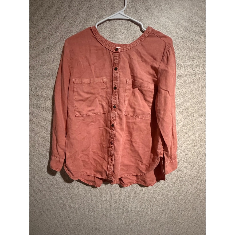 Caslon Women Coral Linen Cotton Blend Button Down Roll Tab Sleeve Shirt Small